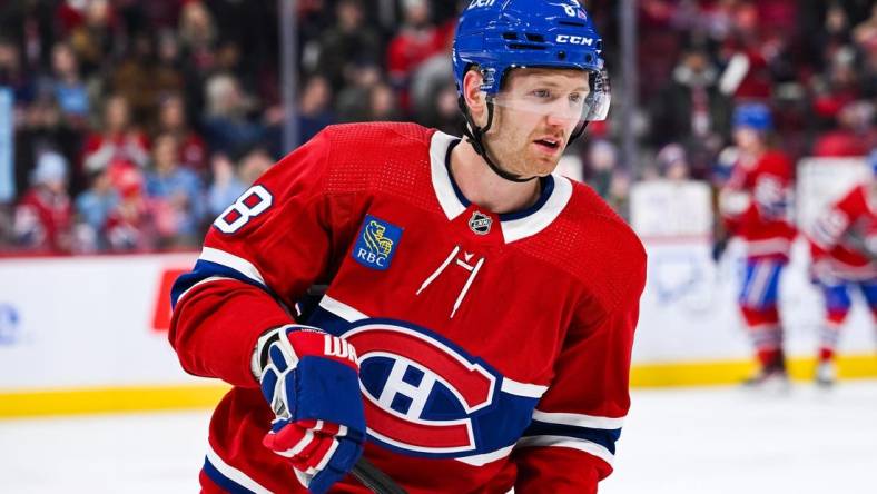 Jan 17, 2023; Montreal, Quebec, CAN; Montreal Canadiens defenseman Mike Matheson (8) skates during warmups before the game against the Winnipeg Jets at Bell Centre. Mandatory Credit: David Kirouac-USA TODAY Sports