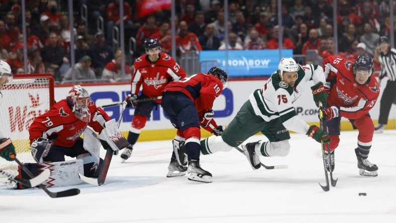 Jan 17, 2023; Washington, District of Columbia, USA; Washington Capitals left wing Sonny Milano (15) skates with the puck past Minnesota Wild right wing Ryan Reaves (75) in the second period at Capital One Arena. Mandatory Credit: Geoff Burke-USA TODAY Sports
