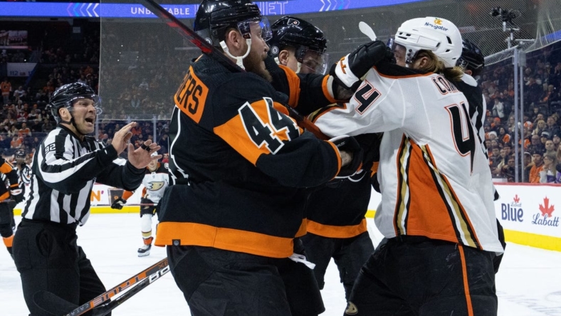 Jan 17, 2023; Philadelphia, Pennsylvania, USA; Philadelphia Flyers left wing Nicolas Deslauriers (44) and Anaheim Ducks left wing Max Comtois (44) push and shove after a whistle during the second period at Wells Fargo Center. Mandatory Credit: Bill Streicher-USA TODAY Sports