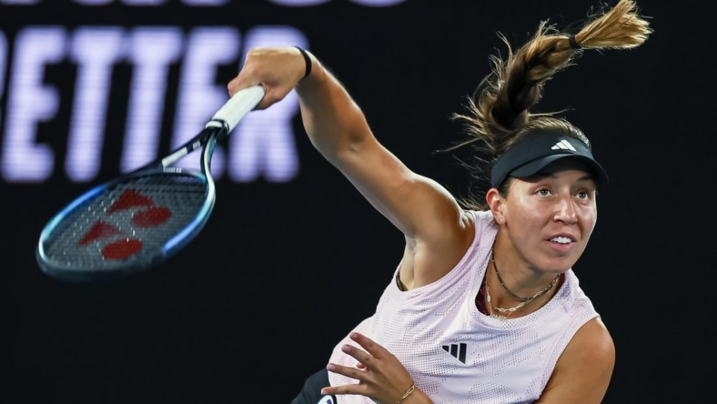 Jan 18, 2023; Melbourne, Victoria, Australia; Jessica Pegula during her second round match against Aliaksandra Sasnovich on day three of the 2023 Australian Open tennis tournament at Melbourne Park. Mandatory Credit: Mike Frey-USA TODAY Sports