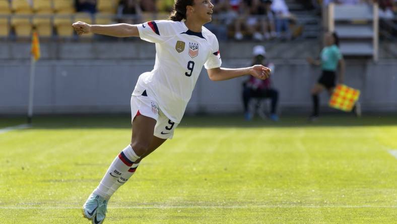 Jan 18, 2023; Wellington, NZL;  United States women's soccer forward Mallory Swanson (9) after scoring in the second half during the International Friendly between New Zealand and USA at Sky Stadium.  Mandatory Credit: Brett Phibbs-USA TODAY Sports