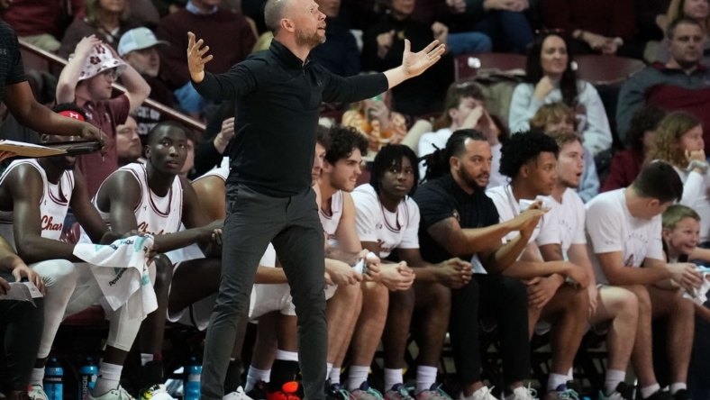 Jan 14, 2023; Charleston, South Carolina, USA; Charleston Cougars head coach Pat Kelsey reacts to a play on the court in the second half against the Elon Phoenix at TD Arena. Mandatory Credit: David Yeazell-USA TODAY Sports