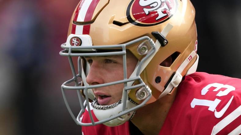 Jan 8, 2023; Santa Clara, California, USA; San Francisco 49ers quarterback Brock Purdy (13) before the game against the Arizona Cardinals at Levi's Stadium. Mandatory Credit: Darren Yamashita-USA TODAY Sports