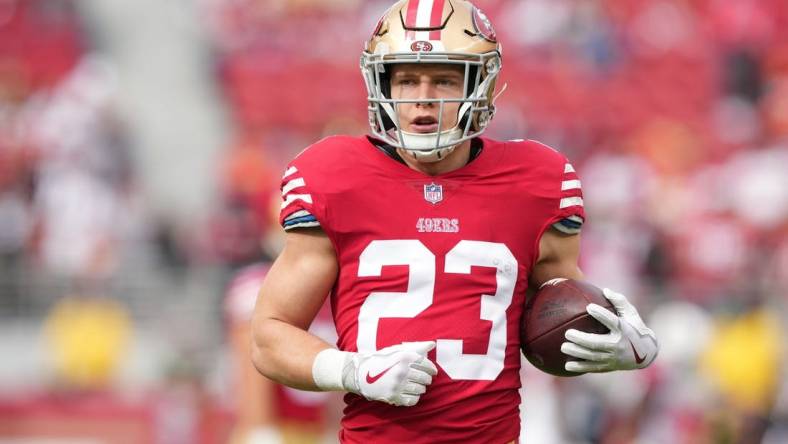 Jan 8, 2023; Santa Clara, California, USA; San Francisco 49ers running back Christian McCaffrey (23) warms up before the game against the Arizona Cardinals at Levi's Stadium. Mandatory Credit: Darren Yamashita-USA TODAY Sports