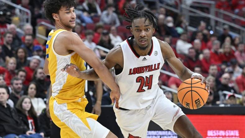 Jan 18, 2023; Louisville, Kentucky, USA;  Louisville Cardinals forward Jae'Lyn Withers (24) dribbles against Pittsburgh Panthers forward Nate Santos (5) during the second half at KFC Yum! Center. Pittsburg defeated Louisville 75-54. Mandatory Credit: Jamie Rhodes-USA TODAY Sports