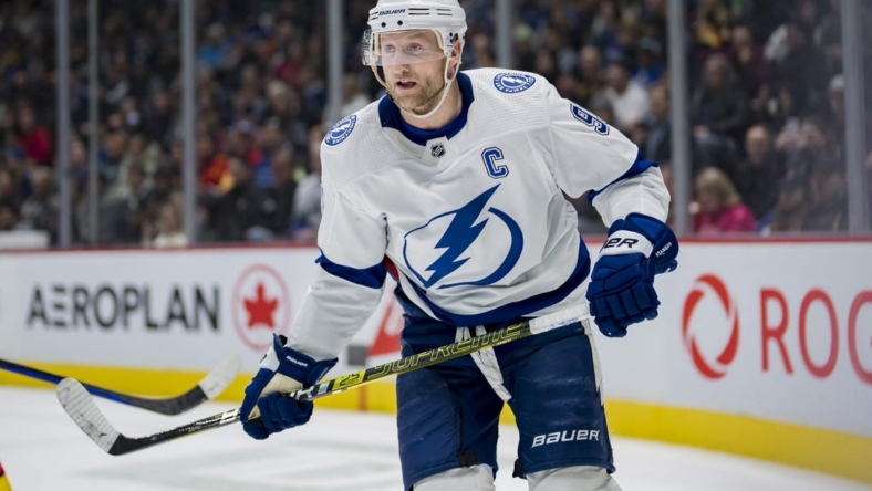Jan 18, 2023; Vancouver, British Columbia, CAN; Tampa Bay Lightning forward Steven Stamkos (91) skates against the Vancouver Canucks in the second period at Rogers Arena. Mandatory Credit: Bob Frid-USA TODAY Sports