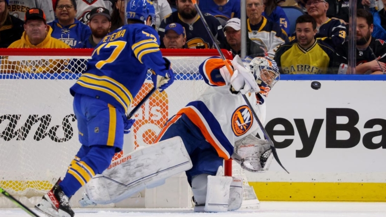 Jan 19, 2023; Buffalo, New York, USA;  New York Islanders goaltender Ilya Sorokin (30) makes a save during the first period against the Buffalo Sabres at KeyBank Center. Mandatory Credit: Timothy T. Ludwig-USA TODAY Sports
