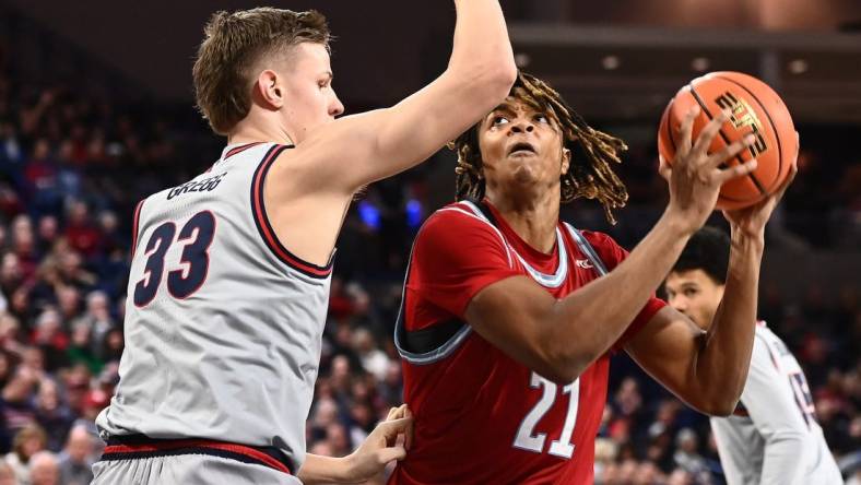 Jan 19, 2023; Spokane, Washington, USA; Loyola Marymount Lions forward Michael Graham (21) shoots the ball against Gonzaga Bulldogs forward Ben Gregg (33) in the first half at McCarthey Athletic Center. Mandatory Credit: James Snook-USA TODAY Sports