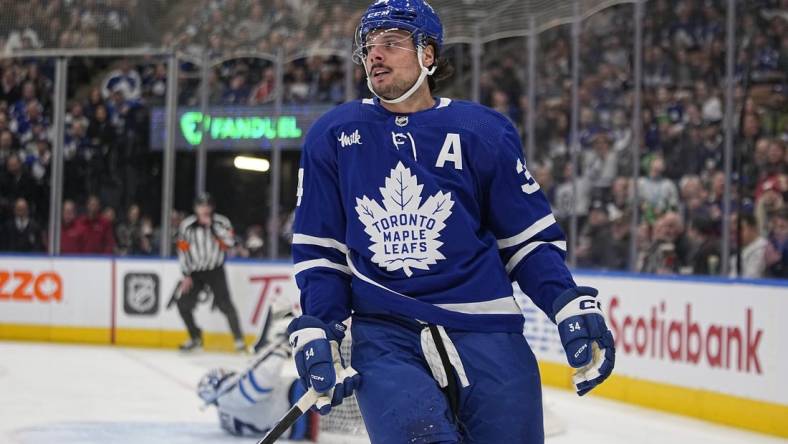 Jan 19, 2023; Toronto, Ontario, CAN; Toronto Maple Leafs forward Auston Matthews (34) heads to the bench after a scoring attempt against the Winnipeg Jets during the first period at Scotiabank Arena. Mandatory Credit: John E. Sokolowski-USA TODAY Sports