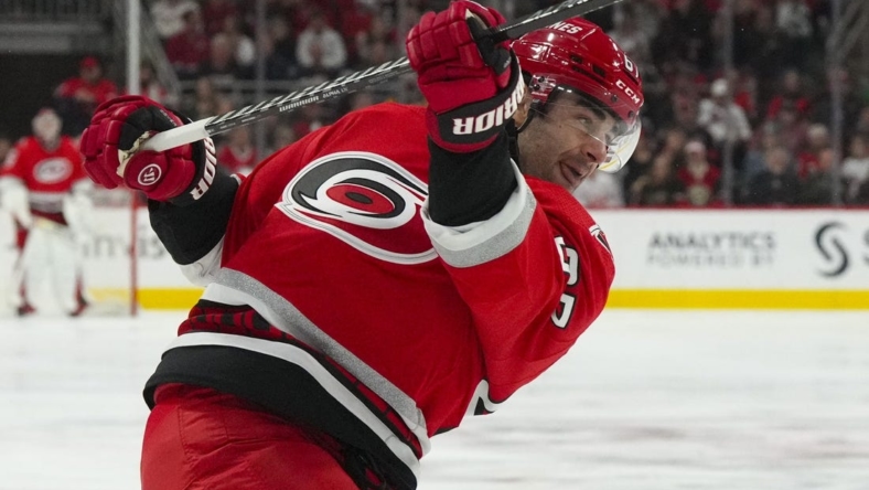 Jan 19, 2023; Raleigh, North Carolina, USA; Carolina Hurricanes left wing Max Pacioretty (67) takes a shot against the Minnesota Wild in the third period at PNC Arena. Mandatory Credit: James Guillory-USA TODAY Sports