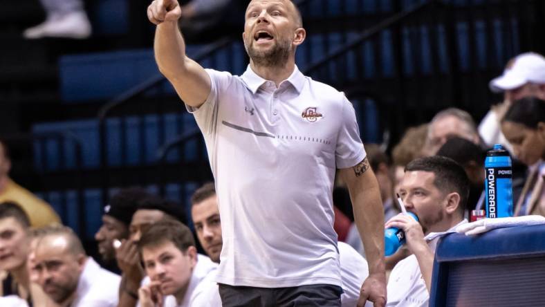 Jan 19, 2023; West Long Branch, New Jersey, USA; Charleston Cougars head coach Pat Kelsey reacts during the second half against the Monmouth Hawks at OceanFirst Bank Center. Mandatory Credit: John Jones-USA TODAY Sports