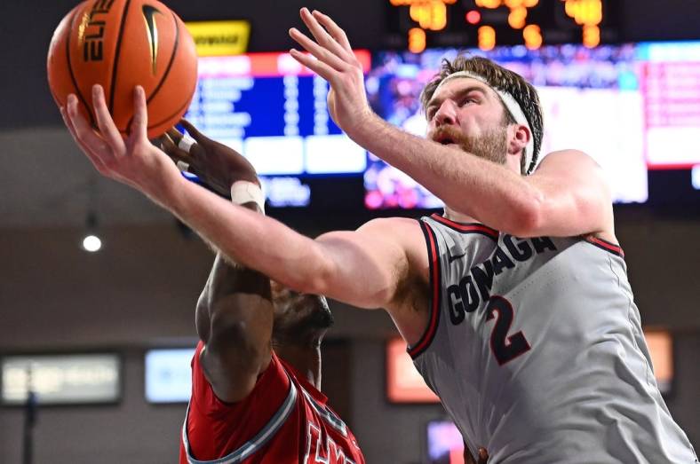 Jan 19, 2023; Spokane, Washington, USA; Gonzaga Bulldogs forward Drew Timme (2) shoots the ball against Loyola Marymount Lions center Rick Issanza (22) in the second half at McCarthey Athletic Center. Lions won 68-67. Mandatory Credit: James Snook-USA TODAY Sports