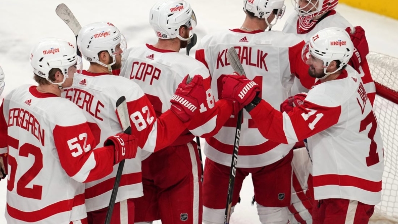 Jan 19, 2023; Las Vegas, Nevada, USA; Detroit Red Wings players celebrate after defeating the Vegas Golden Knights 3-2 at T-Mobile Arena. Mandatory Credit: Stephen R. Sylvanie-USA TODAY Sports