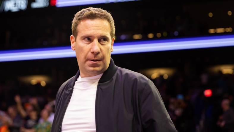 Jan 19, 2023; Phoenix, Arizona, USA; Incoming Phoenix Suns owner Mat Ishbia courtside against the Brooklyn Nets in the first half at Footprint Center. Mandatory Credit: Mark J. Rebilas-USA TODAY Sports