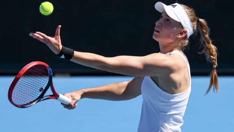 Jan 20, 2023; Melbourne, VICTORIA, Australia; Elena Rybakina from Russia during her third round match against Danielle Collins from the United States on day five of the 2023 Australian Open tennis tournament at Melbourne Park. Mandatory Credit: Mike Frey-USA TODAY Sports