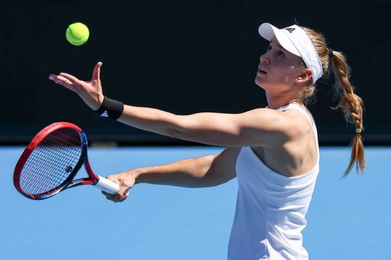 Jan 20, 2023; Melbourne, VICTORIA, Australia; Elena Rybakina from Russia during her third round match against Danielle Collins from the United States on day five of the 2023 Australian Open tennis tournament at Melbourne Park. Mandatory Credit: Mike Frey-USA TODAY Sports