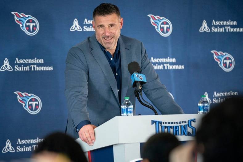Tennessee Titans head coach Mike Vrabel responds to questions during a press conference to announce the teams new general manager Ran Carthon at Ascension Saint Thomas Sports Park Friday, Jan. 20, 2023, in Nashville, Tenn.

Nas Titans Carthon 026