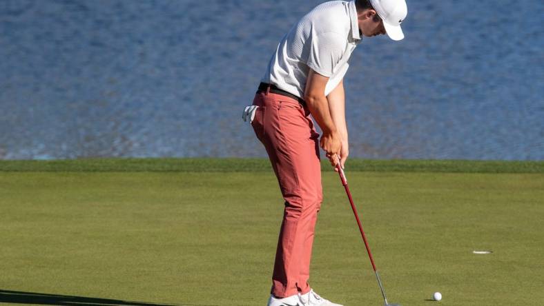 Davis Thompson putts on the ninth green during round two of The American Express on the Nicklaus Tournament Course at PGA West in La Quinta, Calif., Friday, Jan. 20, 2023.