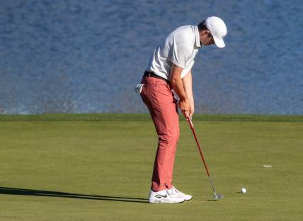 Davis Thompson putts on the ninth green during round two of The American Express on the Nicklaus Tournament Course at PGA West in La Quinta, Calif., Friday, Jan. 20, 2023.