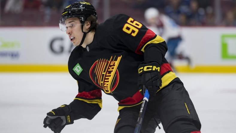 Jan 20, 2023; Vancouver, British Columbia, CAN; Vancouver Canucks forward Andrei Kuzmenko (96) skates against the Colorado Avalanche in the first period at Rogers Arena. Mandatory Credit: Bob Frid-USA TODAY Sports