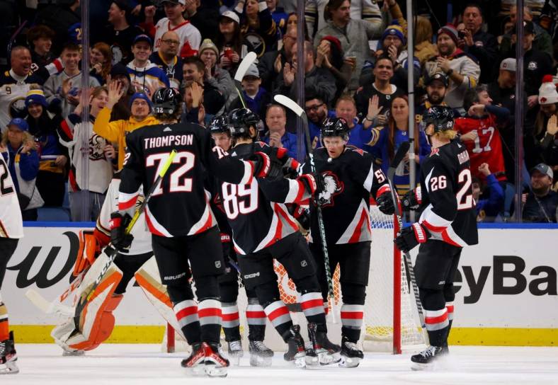 Jan 21, 2023; Buffalo, New York, USA;  Buffalo Sabres left wing Jeff Skinner (53) celebrates his goal with teammates during the first period against the Anaheim Ducks at KeyBank Center. Mandatory Credit: Timothy T. Ludwig-USA TODAY Sports