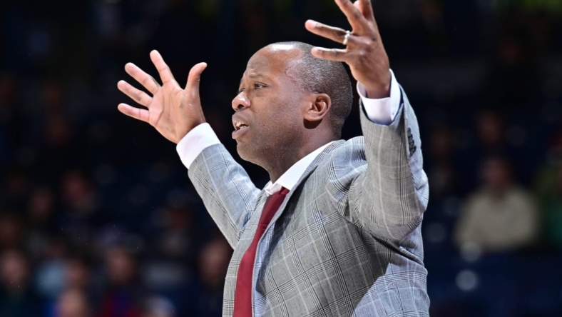 Jan 21, 2023; South Bend, Indiana, USA; Boston College Eagles head coach Earl Grant signals to his players in the first half against the Notre Dame Fighting Irish at the Purcell Pavilion. Mandatory Credit: Matt Cashore-USA TODAY Sports