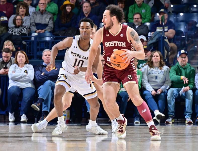 Jan 21, 2023; South Bend, Indiana, USA; Boston College Eagles guard Jaeden Zackery (3) dribbles the ball against Notre Dame Fighting Irish guard Marcus Hammond (10) in the first half at the Purcell Pavilion. Mandatory Credit: Matt Cashore-USA TODAY Sports