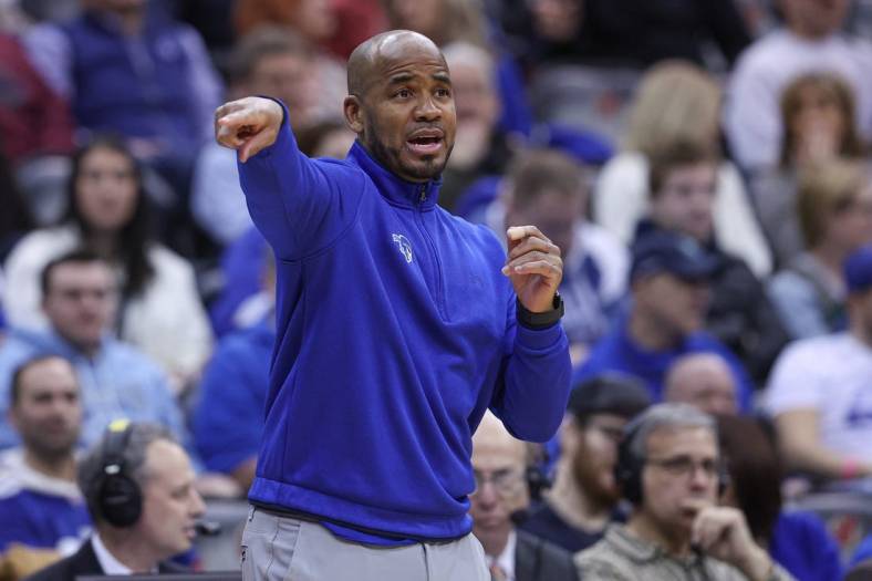 Jan 21, 2023; Newark, New Jersey, USA; Seton Hall Pirates head coach Shaheen Holloway points during the first half against the Marquette Golden Eagles at Prudential Center. Mandatory Credit: Vincent Carchietta-USA TODAY Sports