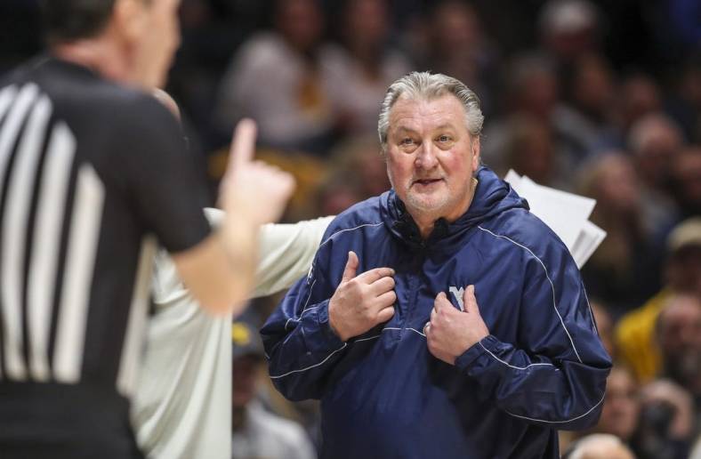 Jan 21, 2023; Morgantown, West Virginia, USA; West Virginia Mountaineers head coach Bob Huggins reacts to a call during the first half against the Texas Longhorns at WVU Coliseum. Mandatory Credit: Ben Queen-USA TODAY Sports