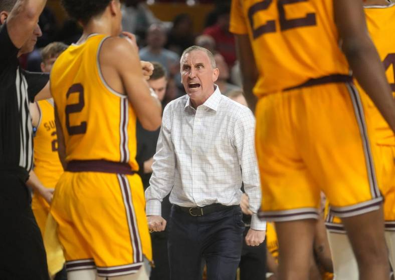 ASU Sun Devil head coach Bobby Hurley yells at the referee as they take on the USC Trojans at Desert Financial Arena in Tempe on Jan. 21, 2023.

Basketball Usc Asu Usc At Arizona State