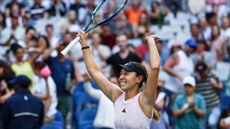 Jan 22, 2023; Melbourne, VICTORIA, Australia; Jessica Pegula from the United States after her fourth round match against Barbora Krejcikova from the Czech Republic on day seven of the 2023 Australian Open tennis tournament at Melbourne Park. Mandatory Credit: Mike Frey-USA TODAY Sports