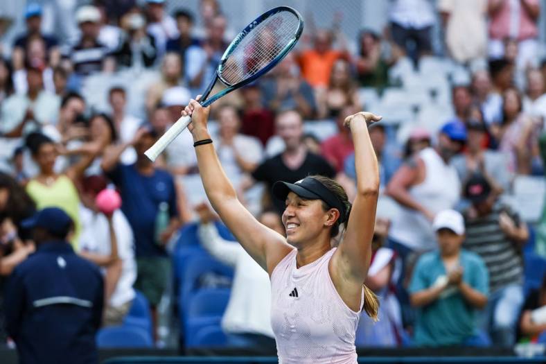 Jan 22, 2023; Melbourne, VICTORIA, Australia; Jessica Pegula from the United States after her fourth round match against Barbora Krejcikova from the Czech Republic on day seven of the 2023 Australian Open tennis tournament at Melbourne Park. Mandatory Credit: Mike Frey-USA TODAY Sports