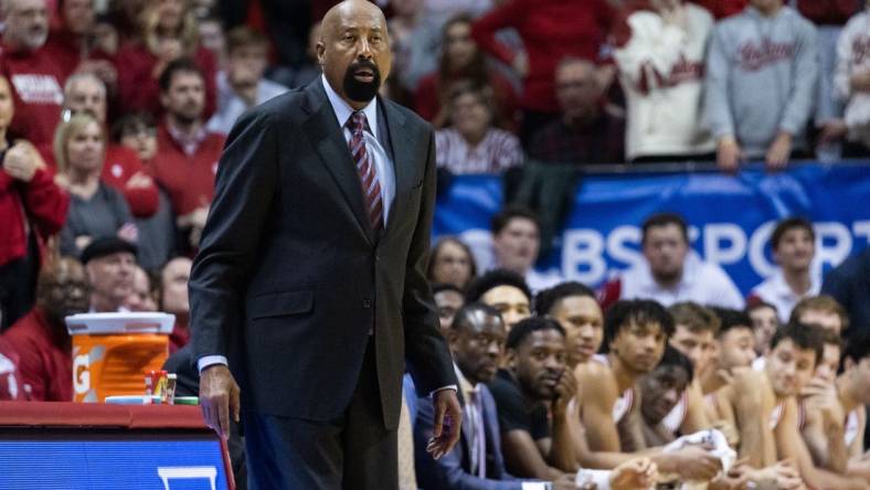 Jan 22, 2023; Bloomington, Indiana, USA; Indiana Hoosiers head coach Mike Woodson in the second half against the Michigan State Spartans at Simon Skjodt Assembly Hall. Mandatory Credit: Trevor Ruszkowski-USA TODAY Sports