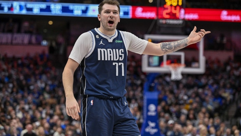 Jan 22, 2023; Dallas, Texas, USA; Dallas Mavericks guard Luka Doncic (77) argues a foul call during the second half against the LA Clippers at the American Airlines Center. Mandatory Credit: Jerome Miron-USA TODAY Sports