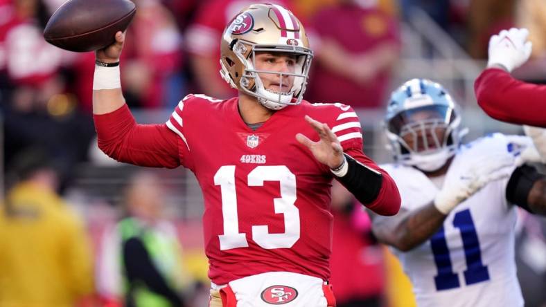 Jan 22, 2023; Santa Clara, California, USA; San Francisco 49ers quarterback Brock Purdy (13) throws during the first quarter of a NFC divisional round game against the Dallas Cowboys at Levi's Stadium. Mandatory Credit: Kyle Terada-USA TODAY Sports