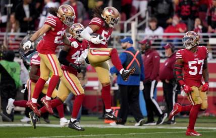 Jan 22, 2023; Santa Clara, California, USA; San Francisco 49ers linebacker Fred Warner (54) celebrates with teammates after an interception during the second quarter of a NFC divisional round game against the Dallas Cowboys at Levi's Stadium. Mandatory Credit: Kyle Terada-USA TODAY Sports