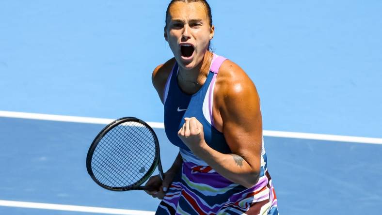 Jan 23, 2023; Melbourne, Victoria, Australia; Aryna Sabalenka from Belarus during her round four match against Belinda Bencic from Switzerland on day eight of the 2023 Australian Open tennis tournament at Melbourne Park. Mandatory Credit: Mike Frey-USA TODAY Sports