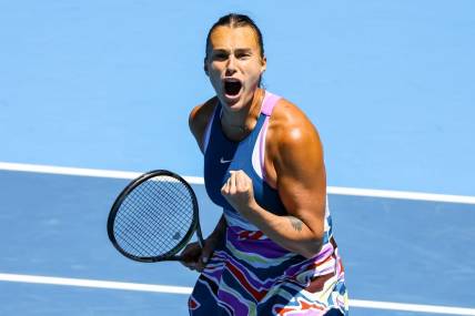Jan 23, 2023; Melbourne, Victoria, Australia; Aryna Sabalenka from Belarus during her round four match against Belinda Bencic from Switzerland on day eight of the 2023 Australian Open tennis tournament at Melbourne Park. Mandatory Credit: Mike Frey-USA TODAY Sports