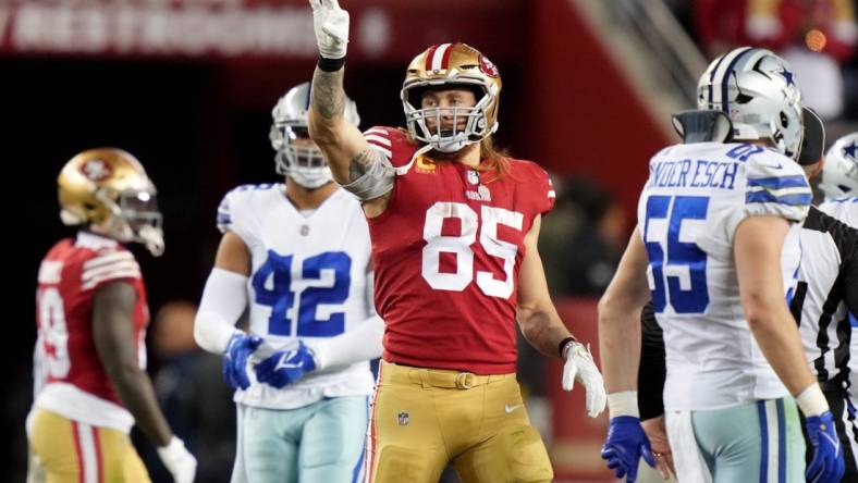 Jan 22, 2023; Santa Clara, California, USA; San Francisco 49ers tight end George Kittle (85) celebrates after a play during the fourth quarter of a NFC divisional round game against the Dallas Cowboys at Levi's Stadium. Mandatory Credit: Kyle Terada-USA TODAY Sports