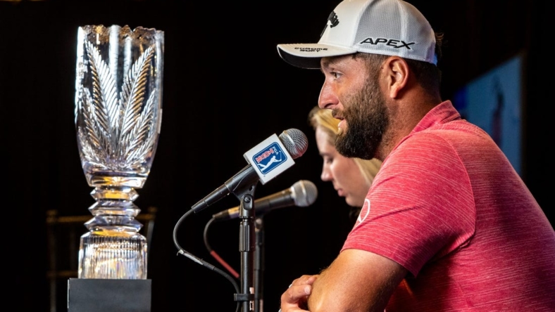 Jon Rahm speaks to members of the media in a conference after winning The American Express on the Pete Dye Stadium Course at PGA West in La Quinta, Calif., Sunday, Jan. 22, 2023.
