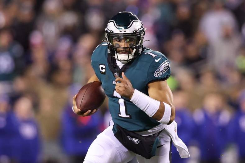 Jan 21, 2023; Philadelphia, Pennsylvania, USA; Philadelphia Eagles quarterback Jalen Hurts (1) in action against the New York Giants during an NFC divisional round game at Lincoln Financial Field. Mandatory Credit: Bill Streicher-USA TODAY Sports