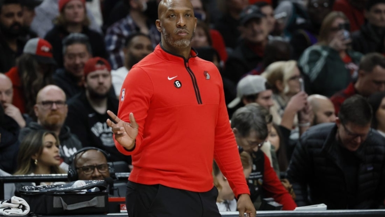 Jan 22, 2023; Portland, Oregon, USA; Portland Trail Blazers head coach Chauncey Billups gives direction to his team during the first half against the Los Angeles Lakers at Moda Center. Mandatory Credit: Soobum Im-USA TODAY Sports