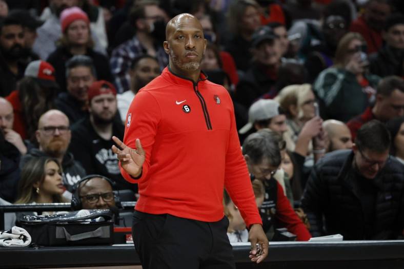 Jan 22, 2023; Portland, Oregon, USA; Portland Trail Blazers head coach Chauncey Billups gives direction to his team during the first half against the Los Angeles Lakers at Moda Center. Mandatory Credit: Soobum Im-USA TODAY Sports