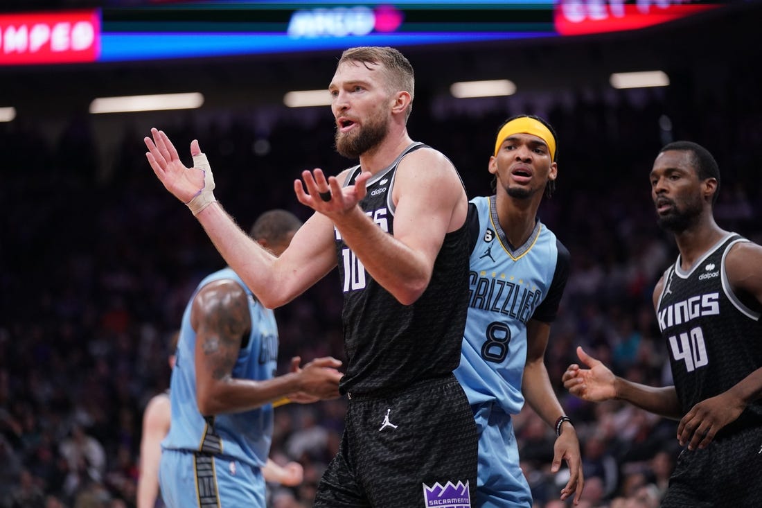 Jan 23, 2023; Sacramento, California, USA; Sacramento Kings forward Domantas Sabonis (10) reacts after being called for a foul against the Memphis Grizzlies in the second quarter at the Golden 1 Center. Mandatory Credit: Cary Edmondson-USA TODAY Sports