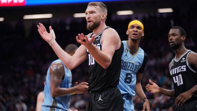 Jan 23, 2023; Sacramento, California, USA; Sacramento Kings forward Domantas Sabonis (10) reacts after being called for a foul against the Memphis Grizzlies in the second quarter at the Golden 1 Center. Mandatory Credit: Cary Edmondson-USA TODAY Sports