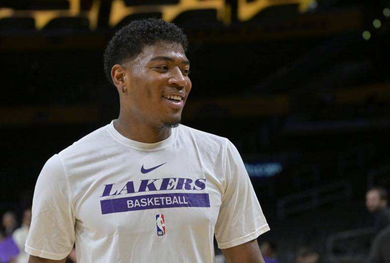 Jan 24, 2023; Los Angeles, California, USA;  Los Angeles Lakers forward Rui Hachimura (28) warms up prior to the game against the Los Angeles Clippers at Crypto.com Arena. Mandatory Credit: Jayne Kamin-Oncea-USA TODAY Sports