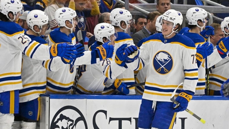 Jan 24, 2023; St. Louis, Missouri, USA;  Buffalo Sabres center Tage Thompson (72) is congratulated by teammates after scoring against the St. Louis Blues during the second period at Enterprise Center. Mandatory Credit: Jeff Curry-USA TODAY Sports