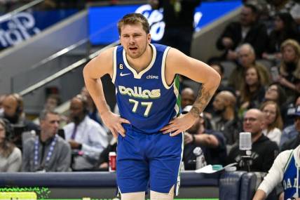 Jan 24, 2023; Dallas, Texas, USA; Dallas Mavericks guard Luka Doncic (77) reacts to receiving a technical foul during the second half against the Washington Wizards at the American Airlines Center. Mandatory Credit: Jerome Miron-USA TODAY Sports