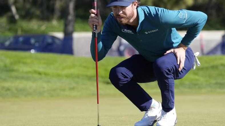 Jan 25, 2023; San Diego, California, USA; Sam Ryder  lines up a putt on the 8th hole during the first round of the Farmers Insurance Open golf tournament at Torrey Pines Municipal Golf Course - North Course. Mandatory Credit: Ray Acevedo-USA TODAY Sports