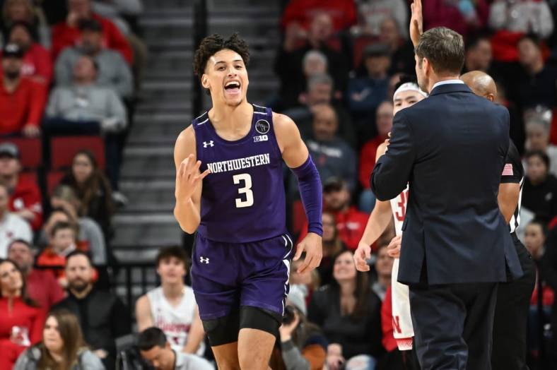 Jan 25, 2023; Lincoln, Nebraska, USA; Northwestern Wildcats guard Ty Berry (3) reacts after hitting a three point basket against the Nebraska Cornhuskers in the first half at Pinnacle Bank Arena. Mandatory Credit: Steven Branscombe-USA TODAY Sports